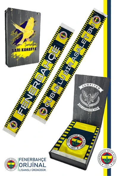 Fenerbahçe Orijinal Lisanslı Çubuklu Bir Asalet Şal Atkı Kanarya Baskılı Ahşap Kutulu