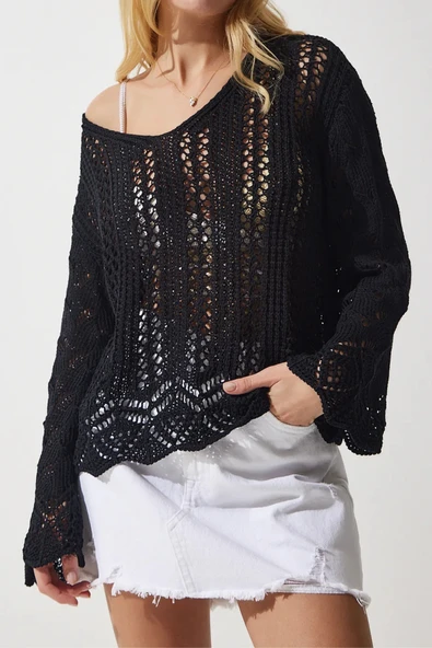 Kayık Yaka Ajurlu Triko Kazak - 3