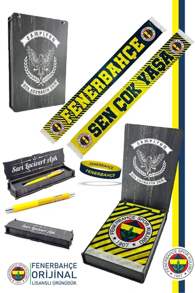 Fenerbahçe Orijinal Sen Çok Yaşa Fenerbahçe Saten Atkı + Uçlu Kalem + Bileklik Set Hediye Ahşap Kutu