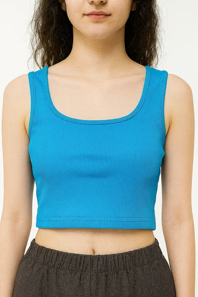 Sıfır Kol Crop Tişört (Mavi)
