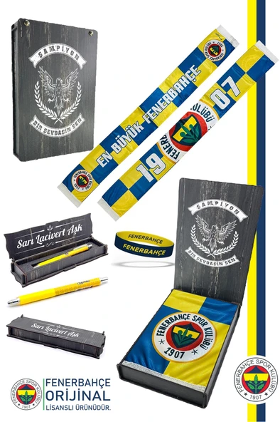 Fenerbahçe Orijinal En Büyük Fenerbahçe Saten Şal Atkı + Uçlu Kalem + Bileklik Set Hediye Ahşap Kutu