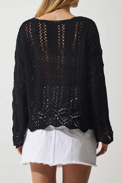 Kayık Yaka Ajurlu Triko Kazak - 2