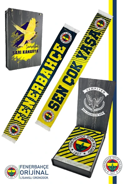 Fenerbahçe Orijinal Lisanslı Sen Çok Yaşa Fenerbahçe Şal Atkı Kanarya Baskılı Ahşap Kutulu