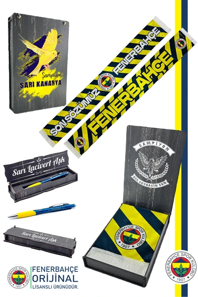 Fenerbahçe Orijinal Son Sözümüz Fenerbahçe Saten Şal Atkı + Uçlu Kalem Set Hediyelik Ahşap Kutulu