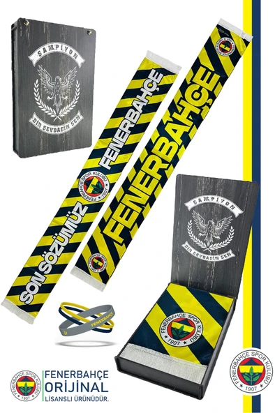 Fenerbahçe Orijinal Son Sözümüz Fenerbahçe Şal Atkı ve Bileklik Set Kanarya Baskılı Ahşap Kutulu