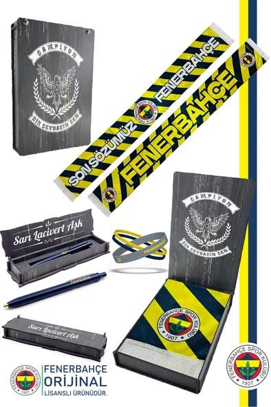 Fenerbahçe Orijinal Son Sözümüz Fenerbahçe Saten Atkı + Uçlu Kalem + Bileklik Set Hediye Ahşap Kutu