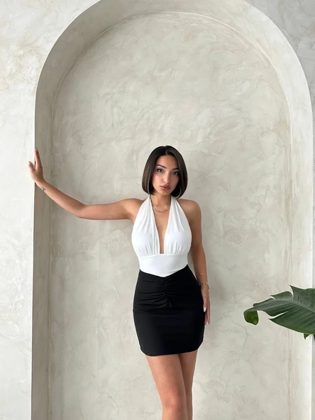 Önü büzgülü etek siyah s24222 - Resim 3