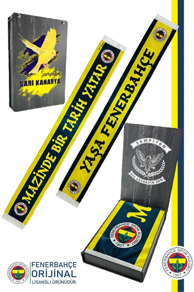 Fenerbahçe Orijinal Lisanslı Mazinde Bir tarih Yatar Şal Atkı Kanarya Baskılı Ahşap Kutulu