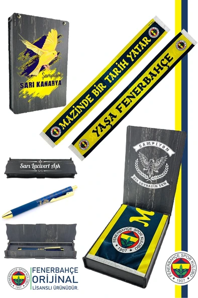 Fenerbahçe Orijinal Mazinde Bir tarih Yatar Atkı  Hybrit Tükenmez Kalem Set Kanarya Baskı Ahşap Kutu ürün görseli 1
