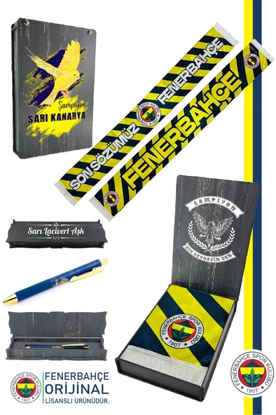 Fenerbahçe Orijinal Son Sözümüz Fenerbahçe Atkı ve Hybrit Tükenmez Kalem  Kanarya Baskı Ahşap Kutu