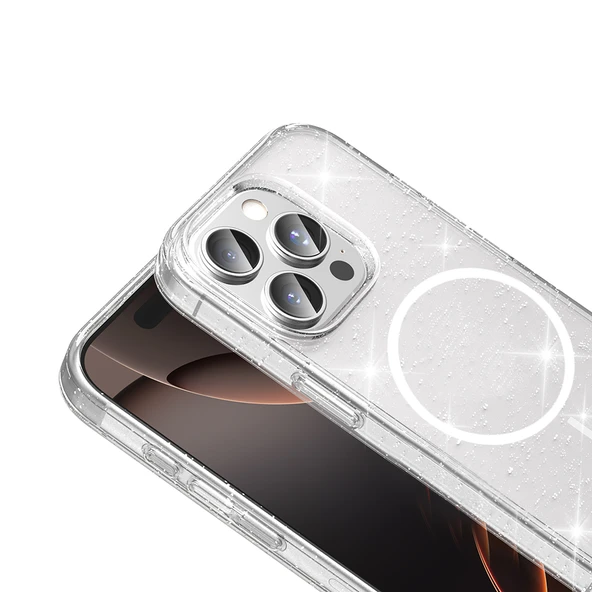 iPhone 15 Pro Kılıf Kablosuz Şarj Özellikli Parlayan Simli Saydam Renkli Maris Kapak - Resim 3