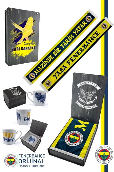Fenerbahçe Orijinal Mazinde Bir tarih Yatar Şal Atkı Seramik Kupa Set Kanarya Baskılı Ahşap Kutulu - 1