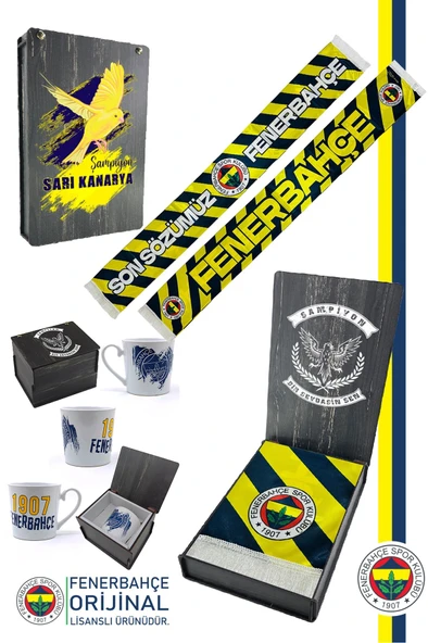 Fenerbahçe Orijinal Son Sözümüz Fenerbahçe Şal Atkı Seramik Kupa Set Kanarya Baskılı Ahşap Kutulu