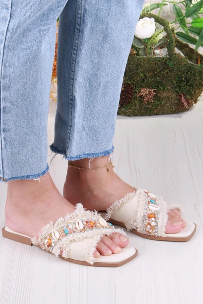 Fort 3571 Keten Bonçuk Taş Detaylı Tatil Terliği Günlük Terlik Kadın Terlik - Resim 9