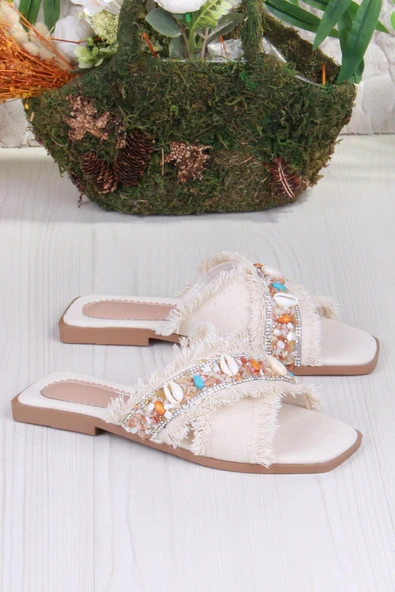 Fort 3571 Keten Bonçuk Taş Detaylı Tatil Terliği Günlük Terlik Kadın Terlik - Resim 10