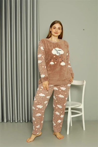 Moda Çizgi Welsoft Polar Kadın Büyük Beden Sütlü Kahve Pijama Takımı 808044 - 3