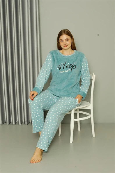 Moda Çizgi Welsoft Polar Kadın Büyük Beden Su Yeşili Pijama Takımı 808046 - 4