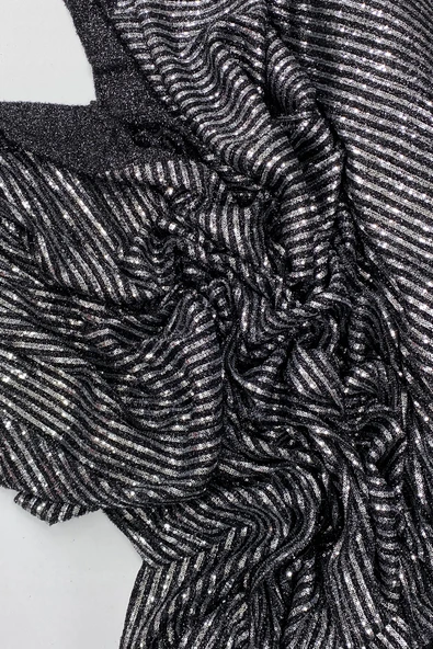 Sakallı Çizgili Pullu Kumaş  Pullu Payet Kumaş Abiye Nişan Düğün Siyah ürün görseli