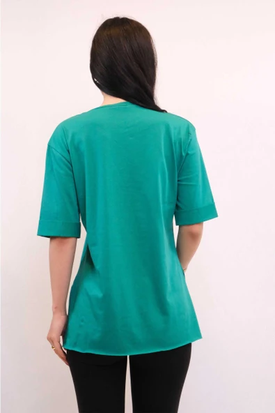 Moda Çizgi Bisiklet Yaka Oversize Tshirt Yeşil - 2