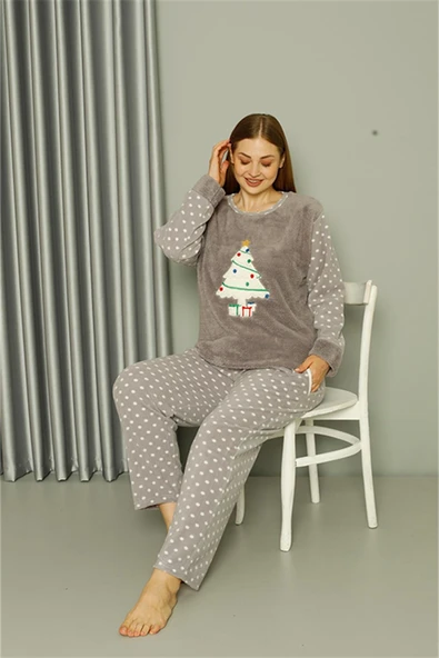 Moda Çizgi Welsoft Polar Kadın Büyük Beden Gri Pijama Takımı 808048 - 4