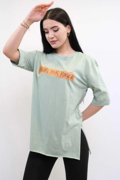 Moda Çizgi Bisiklet Yaka Oversize Tshirt Mint - 3