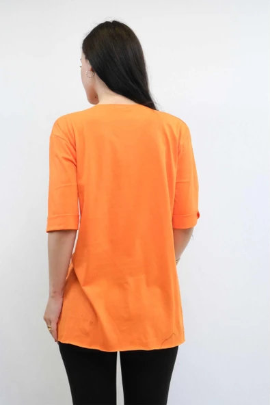 Moda Çizgi Bisiklet Yaka Oversize Tshirt Turuncu - 3