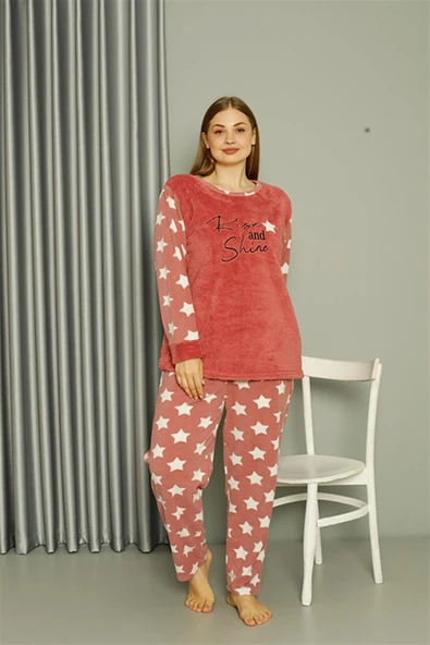 Moda Çizgi Welsoft Polar Kadın Büyük Beden Pudra Pijama Takımı 808042 - Resim 2