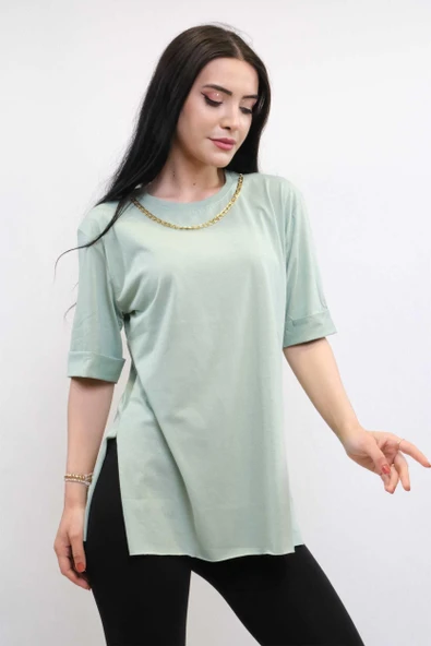 Moda Çizgi Zincir Aksesuarlı Tshirt Mint - 3