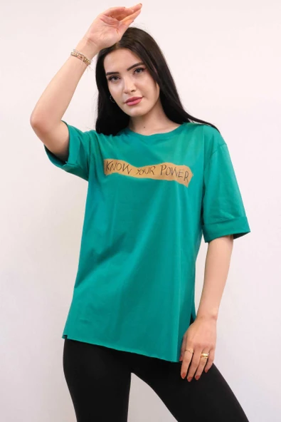 Moda Çizgi Bisiklet Yaka Oversize Tshirt Yeşil - 3