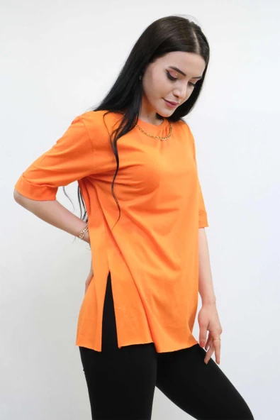 Moda Çizgi Zincir Aksesuarlı Tshirt Turuncu - 3