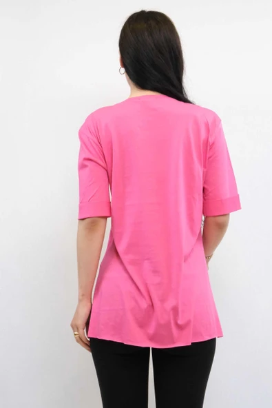 Moda Çizgi Zincir Aksesuarlı Tshirt Pembe - 3