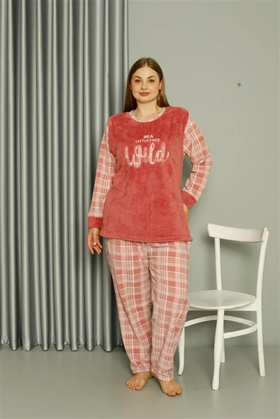 Moda Çizgi Welsoft Polar Kadın Büyük Beden Pudra Pijama Takımı 808040 - 3