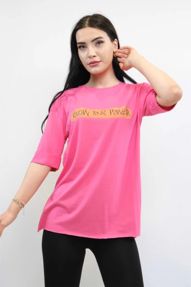 Moda Çizgi Bisiklet Yaka Oversize Tshirt Pembe - 3