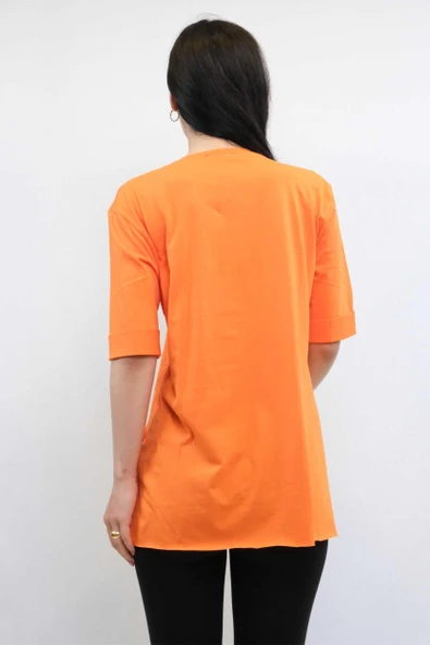Moda Çizgi Zincir Aksesuarlı Tshirt Turuncu - 2