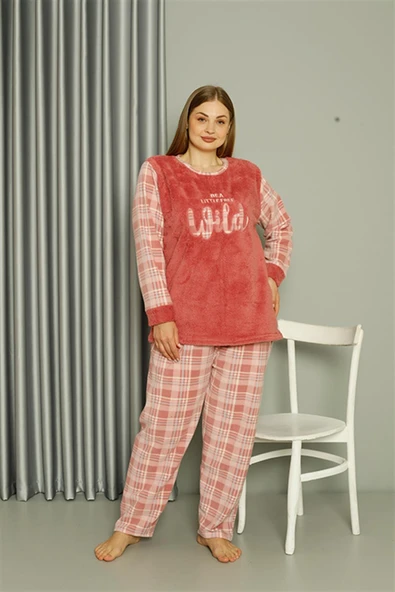 Moda Çizgi Welsoft Polar Kadın Büyük Beden Pudra Pijama Takımı 808040 - 2