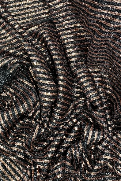 Sakallı Çizgili Pullu Kumaş  Pullu Payet Kumaş Abiye Nişan Düğün Siyah Bakır - Resim 2