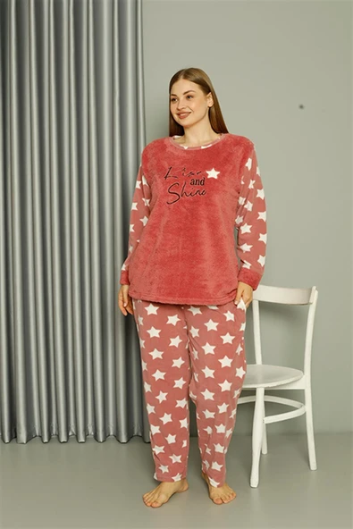 Moda Çizgi Welsoft Polar Kadın Büyük Beden Pudra Pijama Takımı 808042 - Resim 3
