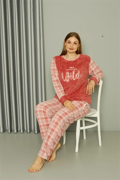 Moda Çizgi Welsoft Polar Kadın Büyük Beden Pudra Pijama Takımı 808040 - 4