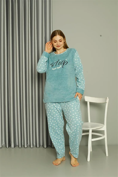 Moda Çizgi Welsoft Polar Kadın Büyük Beden Su Yeşili Pijama Takımı 808046 - 2