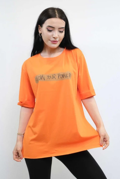Moda Çizgi Bisiklet Yaka Oversize Tshirt Turuncu - 2