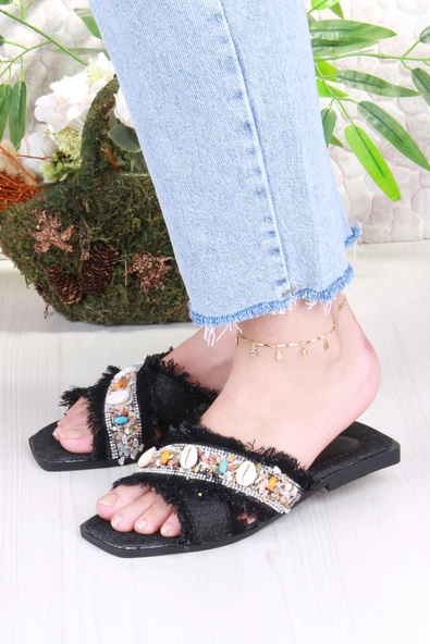 Fort 3571 Keten Bonçuk Taş Detaylı Tatil Terliği Günlük Terlik Kadın Terlik - Resim 2