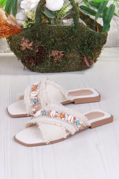 Fort 3571 Keten Bonçuk Taş Detaylı Tatil Terliği Günlük Terlik Kadın Terlik - Resim 11