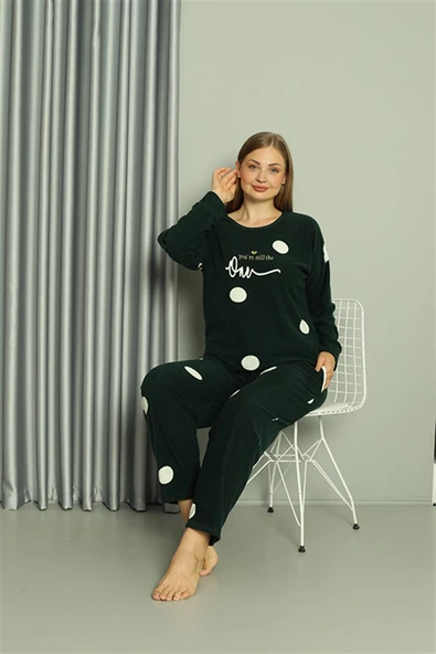 Moda Çizgi Welsoft Polar Kadın Büyük Beden Petrol Rengi Pijama Takımı 808045 - Resim 4