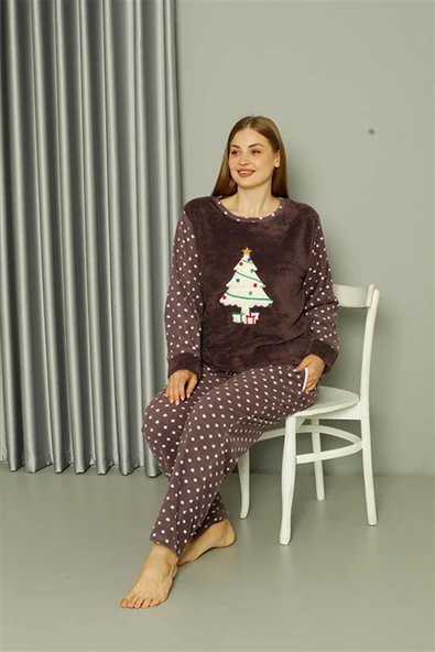 Moda Çizgi Welsoft Polar Kadın Büyük Beden Mürdüm Pijama Takımı 808048 - Resim 4