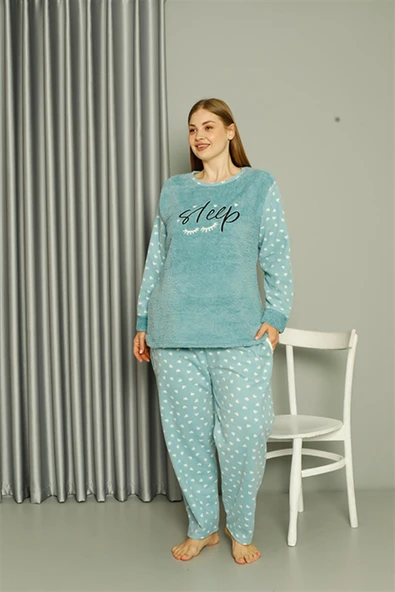 Moda Çizgi Welsoft Polar Kadın Büyük Beden Su Yeşili Pijama Takımı 808046 - 3