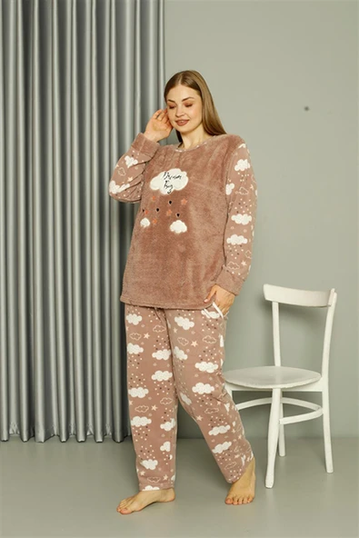 Moda Çizgi Welsoft Polar Kadın Büyük Beden Sütlü Kahve Pijama Takımı 808044 - 2