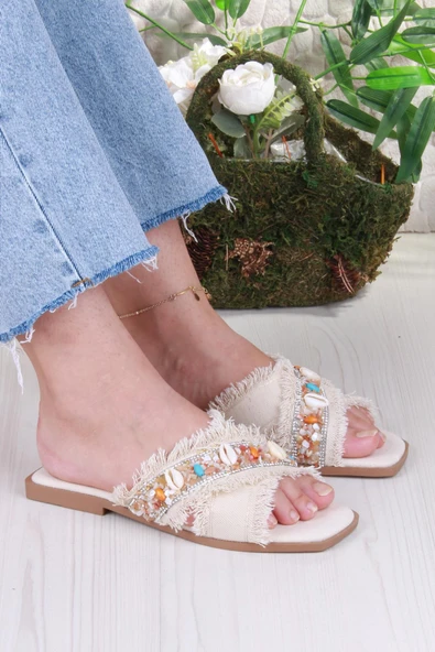 Fort 3571 Keten Bonçuk Taş Detaylı Tatil Terliği Günlük Terlik Kadın Terlik - Resim 7