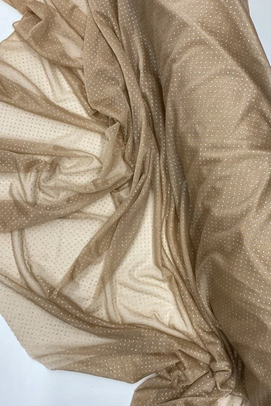Yağmur Damlası Simli Abiye Elbise Şallık Tül Kumaş Açık Gold 28-A ürün görseli
