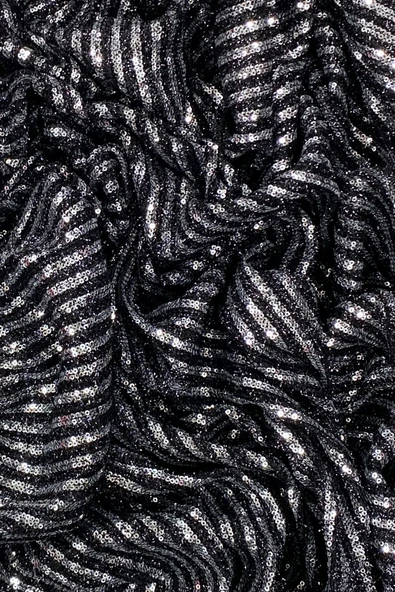 Sakallı Çizgili Pullu Kumaş  Pullu Payet Kumaş Abiye Nişan Düğün Siyah - Resim 2