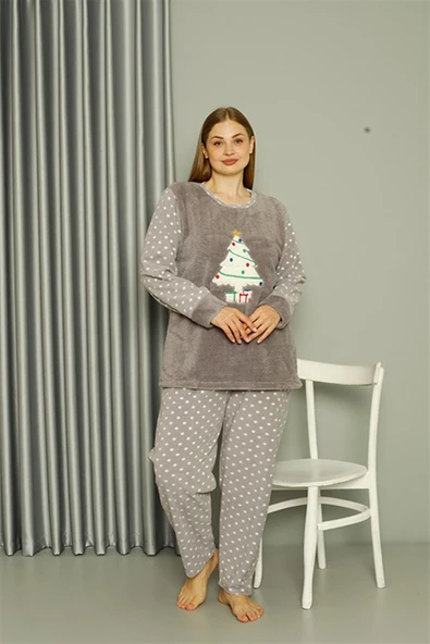 Moda Çizgi Welsoft Polar Kadın Büyük Beden Gri Pijama Takımı 808048 - 2